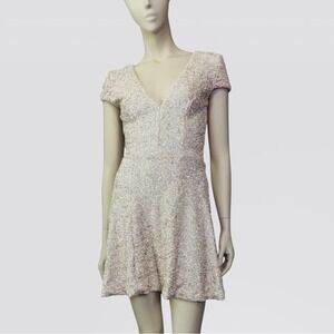 Dress the Population White Sequin Dress with Deep V Neck and Cap Sleeves S